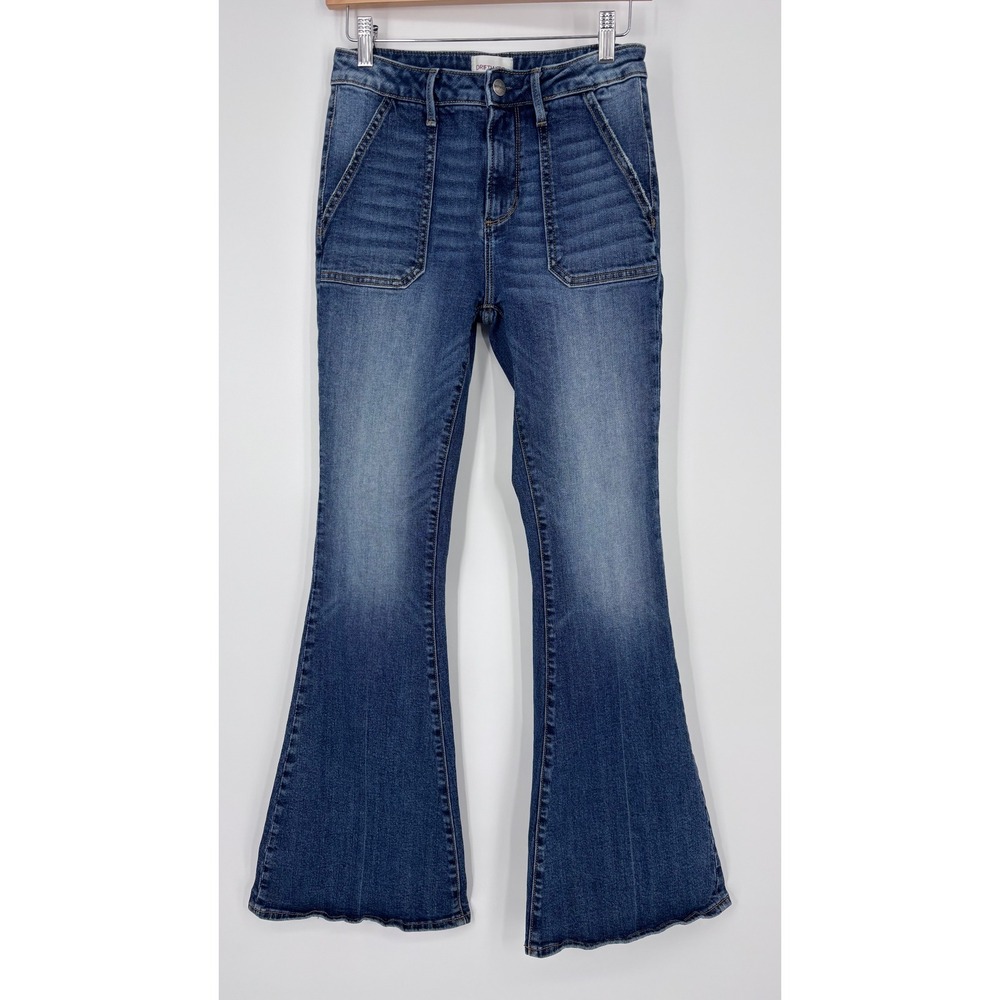 Driftwood Patch Pocket Flare Jeans Womens 26 Blue Boho 70s Retro Whiskers